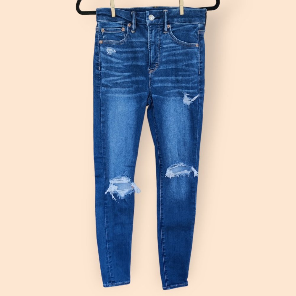 American Eagle Size 2 Reg Lu(x)e Jean Skinny Ripped Distressed High Rise Blue